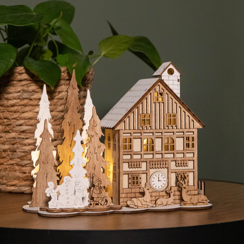 Image of 16cm Battery Operated Light up Wooden House Scene with Christmas Trees and Warm White LEDs