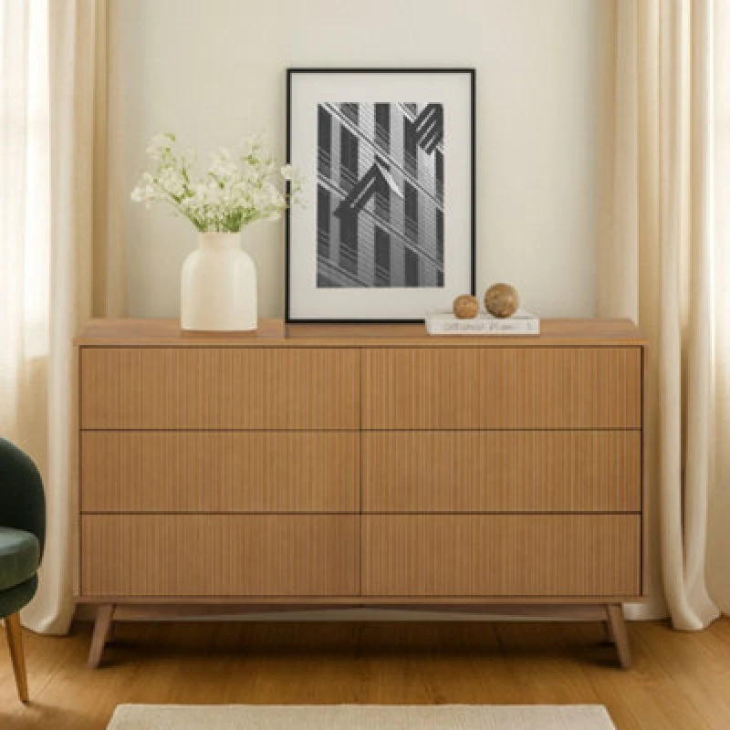 Image of Teamson Home Tremolo Chest Of Drawers 6 Fluted Push-Open Drawer Bedroom Dresser, Natural