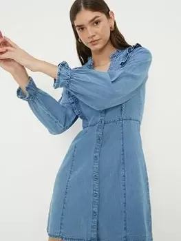 Image of Dorothy Perkins Denim Frill Mini Dress - Mid Wash, Blue, Size 12, Women