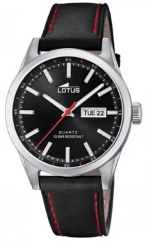 Image of Lotus Mens Black Leather Strap Red Stitching Black Dial Watch