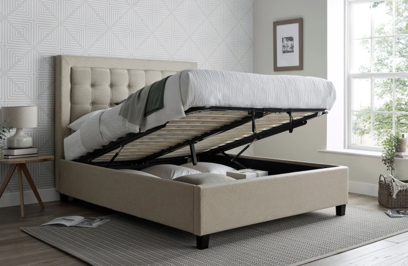 Image of Bedmaster Bedmaster Brandon Fabric Ottoman Bed And Primrose 2000 Pocket Sprung Memory Foam Mattress in Light Brown Size: Double Light Brown Double U