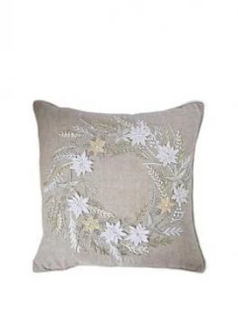 Image of Gallery Wreath Hand-Embroidered Christmas Cushion