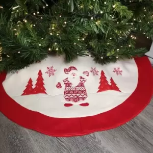 Image of 90cm Red & White Fabric Christmas Tree Skirt with Santa Scene & Snowflakes