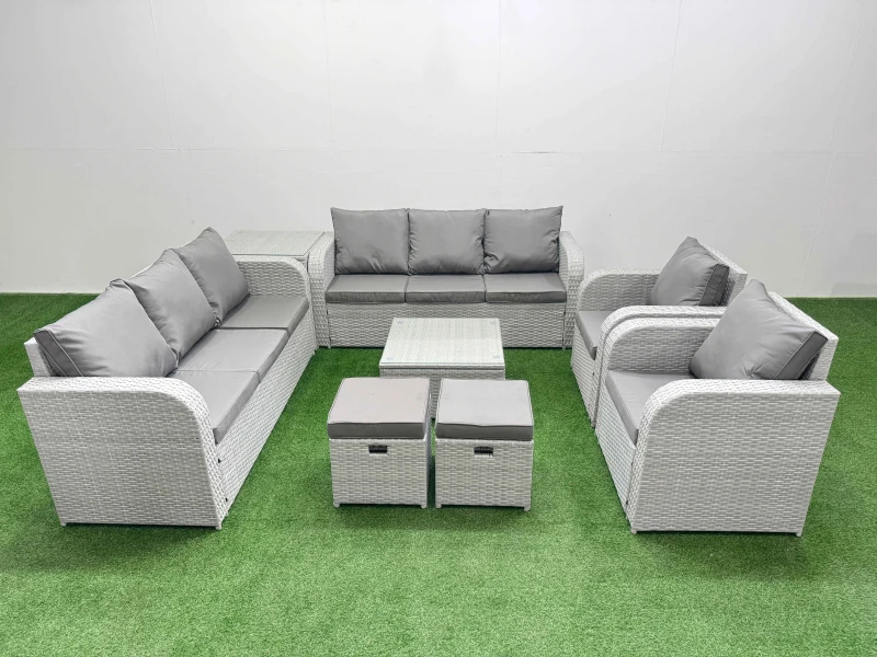 Image of Fimous PE Rattan High Back Lounge Sofa Set Patio Square Coffee Table & Chairs Set with 3 Seater Sofa Reclining Chair Stools Side Table Light Grey Ligh