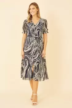 Image of Navy Swirl Print Midi Tea Dress With Split Hem