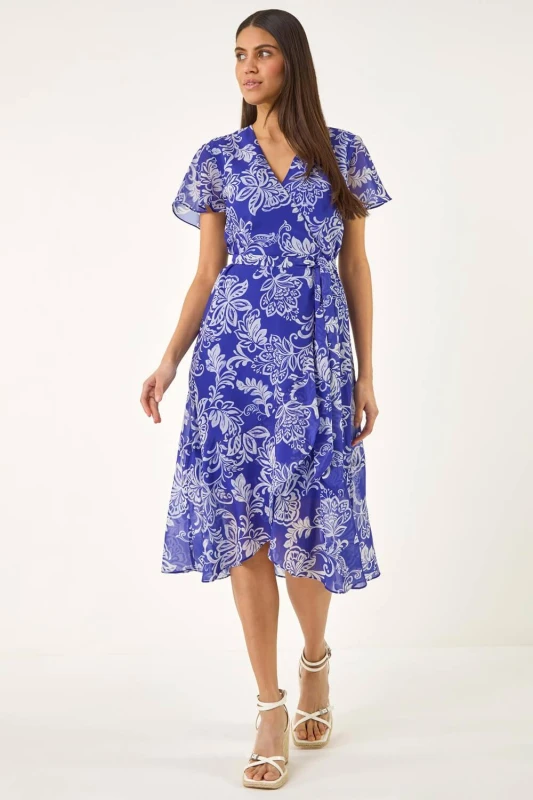 Image of Roman Womens Floral Print Wrap Dress in Blue Size: 16 Blue Female 16