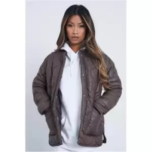 Image of I Saw It First Chocolate Chocolate Onion Quilted Collarless Padded Shacket With Bucket Pockets - Brown