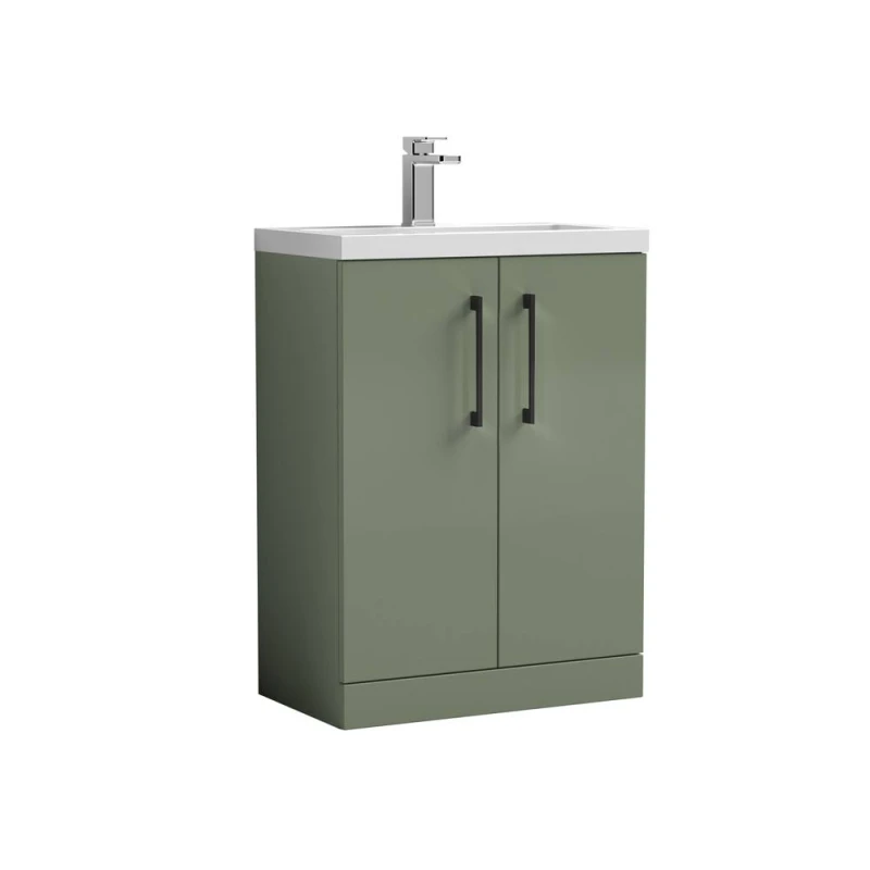 Image of Balterley Level Compact Bathroom Cloakroom Vanity Basin Unit With Ceramic Basin, Black Handles, 600mm, Satin Green