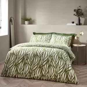 Image of Frond Abstract Cotton Rich Reversible Duvet Cover Set Olive, Olive / Single