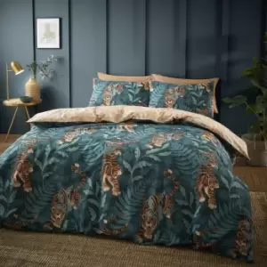Image of Catherine Lansfield Tropic Tiger Leaf Reversible Green Duvet Cover & Pillowcase Set Green