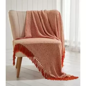 Image of Throw Blanket with Geometric Pattern, Terracotta Orange, 130 x 170cm - Multi - Portfolio