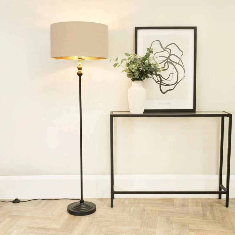 Image of ValueLights Maggie Black Candlestick Floor Lamp with Beige and Metallic Gold Shade and Bulb Beige