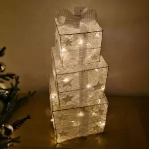 Image of Premier Christmas Set of 3 Glitter Parcels in White Bow & LED Lights Mains Operated
