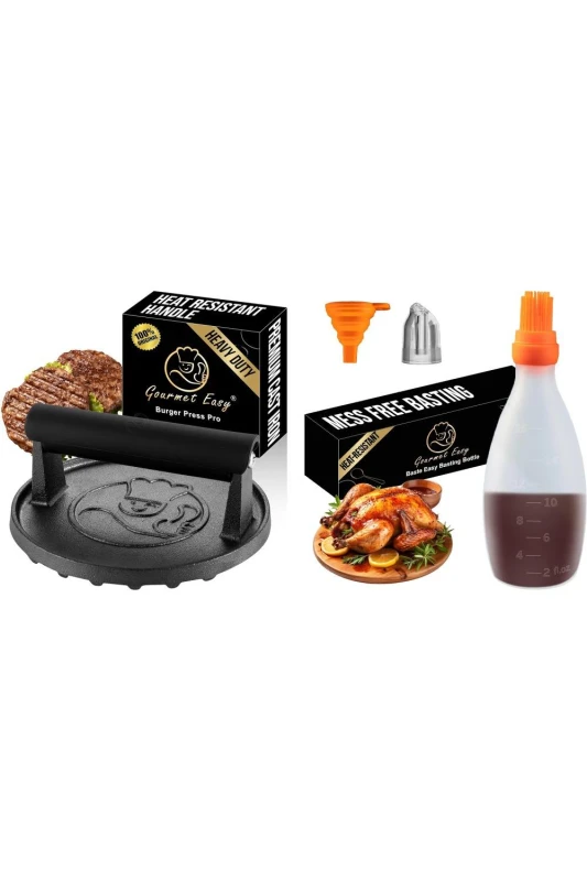 Image of Gourmet Easy Cast Iron Smash Burger Press & Silicone Baste Easy Bottle Set in Black Unisex