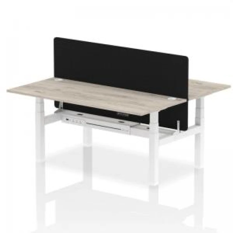 Image of Air Back - to - Back 1800 x 800mm Height Adjustable 2 Person Bench Office Desk Grey Oak Top - Cable Ports White Frame - Black Straight Screen