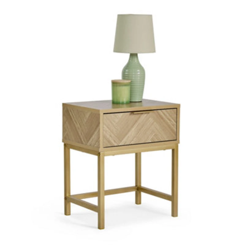 Image of Vonhaus Bedside Table For Bedroom, Herringbone 1 Drawer Bedside Cabinet With Gold Handles & Legs, Light Wood Effect, Ducie