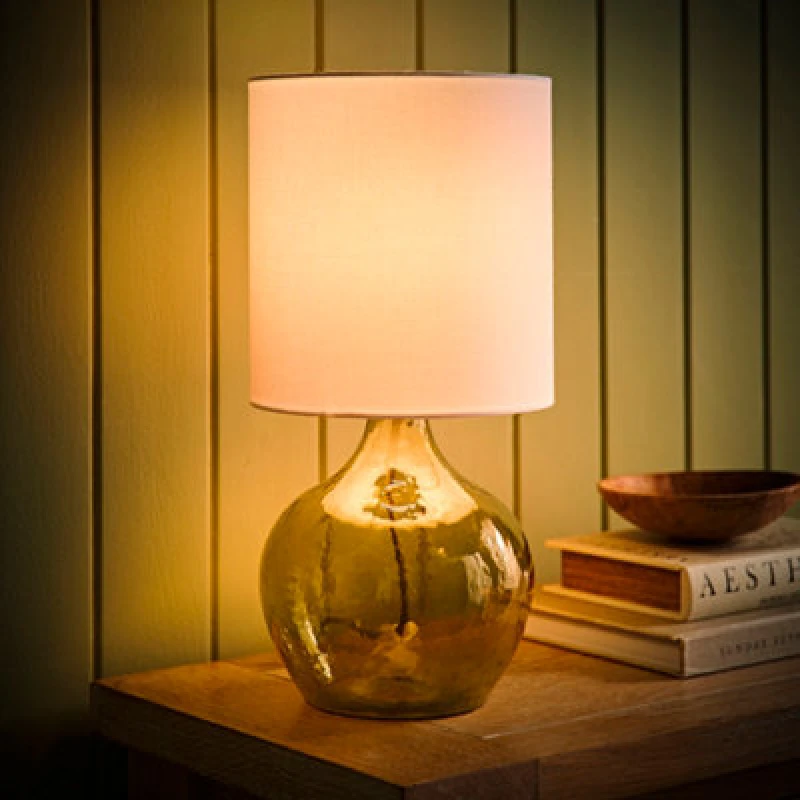 Image of ValueLights ValueLights Emily Natural Linen Drum Shade Dark Green Glass Teardrop Table Lamp and LED Bulb Green One Size Unisex 5059406066436