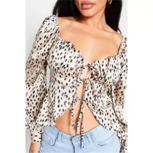 Image of I Saw It First Animal Satin Tie Front Milkmaid Style Blouse - Brown