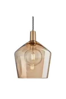 Image of Sleek Tinted Glass Schoolhouse Pendant, 10 Inch, Amber, Brass Holder