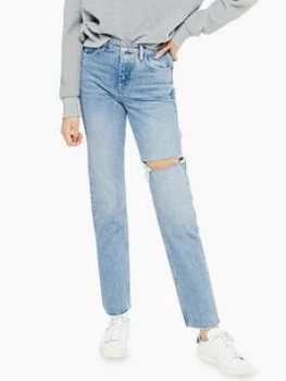 Image of Topshop Bleach Wash Ripped Straight Leg Jeans - Bleached, Bleach Wash Denim, Size 26, Inside Leg 34, Women