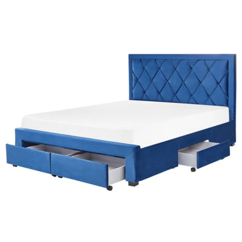 Image of Beliani Bed With Storage Drawers Velvet Lievin 160 X 200 Cm (Eu King Size) Navy Blue