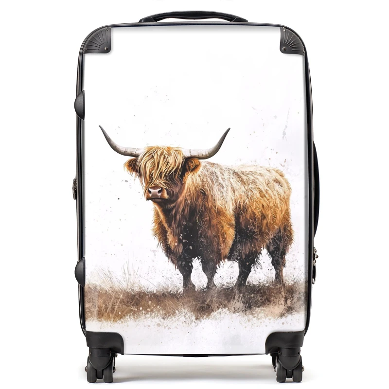 Image of Warren Reed - Designer Highland Cow Watercolour Suitcase in Brown Size: Medium Brown Unisex Medium