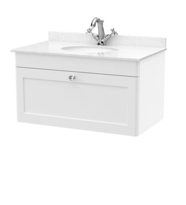 Image of nuie 800mm Wall Hung 1 Drawer Vanity & Marble Top 1TH - Satin White CLC196WR1