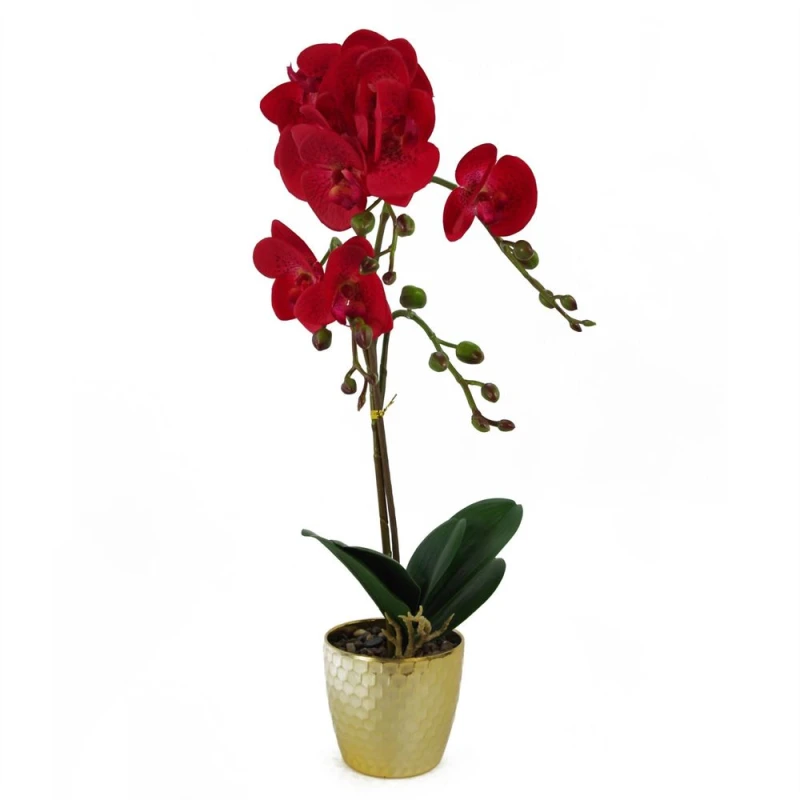 Image of Leaf 50cm Phalaenopsis Orchid Artificial - Red Leopard - Gold Pot Red unisex