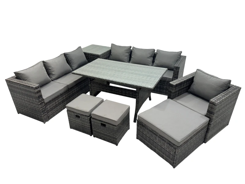 Image of Fimous 10 Seater Garden Rattan Furniture Set with Side Table 3 Stools in Dark Grey Dark Grey Unisex