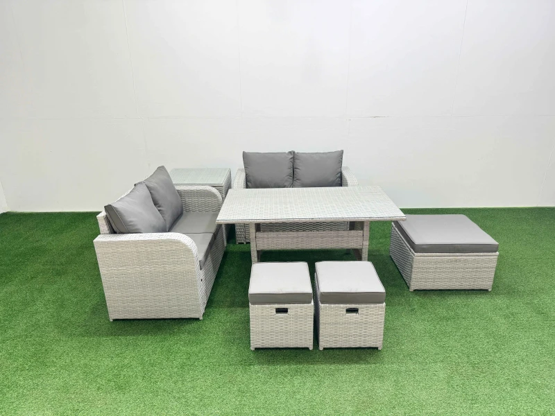 Image of Fimous 7 Seater Outdoor Love Sofa Set Rattan Garden Furniture Set with Rectangular Dining Table 3 Footstool Side Table Light Grey Light Grey