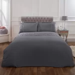 Image of Sienna Satin Pintuck Diamante Band Duvet Cover With Pillowcases Bedding Set Silver Double