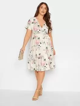 Image of Yours Wrap Floral Skater Dress, Cream, Size 20, Women