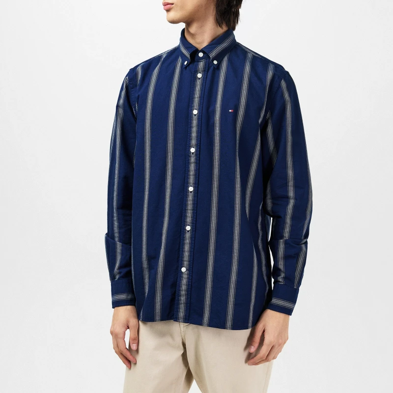 Image of Tommy Hilfiger Mens Shadow Stripe Long-Sleeve Patterned Shirt Navy/White male S