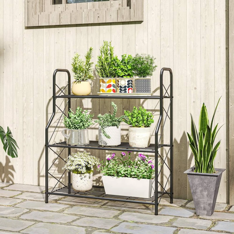 Image of Outsunny 3-Tier Metal Plant Stand, Ladder Shelf Potted Plants Display, Black 84H-531V00BK