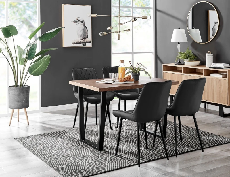 Image of FurnitureboxUK FurnitureboxUK Kylo Brown Wood Effect Dining Table With Black 'U' Legs & 4 Pesaro Velvet Chairs Black One Size Unisex 5056542638336