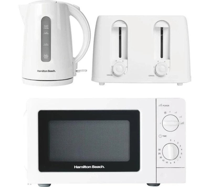 Image of HAMILTON BEACH Essentials Jug Kettle, 4-Slice Toaster & Solo Microwave Bundle - White 5060916373235