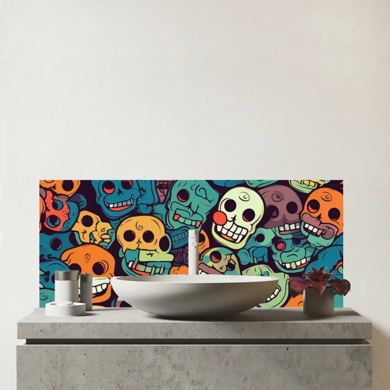 Image of Warren Reed - Designer Smiling Skulls Pattern Glass Bathroom Splashback Multicolor Unisex