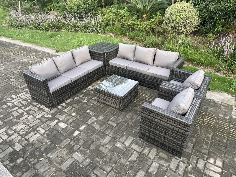 Image of Fimous 8 Seater Rattan Garden Furniture Set Patio Outdoor Lounge Sofa Set with 2 Armchairs Side Table Square Coffee Table Dark Grey Mixed Dark Grey
