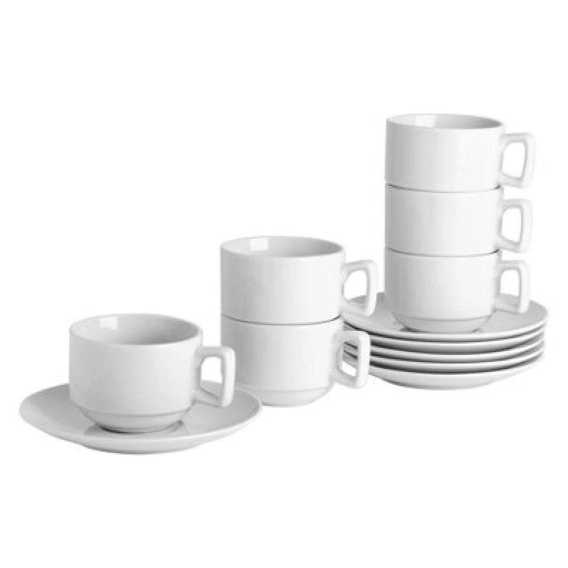 Image of Argon Tableware Classic White Stacking Teacup & Saucer Set - 200ml - 12 Piece White