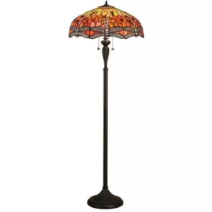 Image of Interiors Dragonfly Flame - 2 Light Floor Lamp Dark Bronze, Red, Tiffany Style Glass, E27