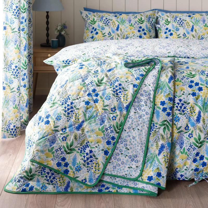 Image of Catherine Lansfield Tilly Floral Reversible 220cm x 230cm Bedspread Set Blue