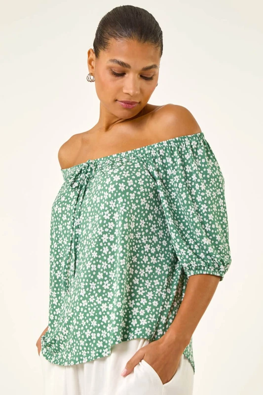 Image of Roman Womens Floral Puff Print Bardot Top in Dark Green Size: 14 Dark Green Female 14