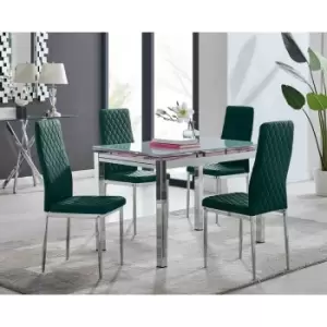 Image of Furniture Box Enna White Glass Extending Dining Table and 4 Green Velvet Milan Chairs