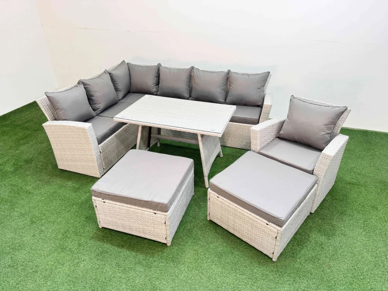 Image of Fimous Garden Outdoor Rattan Furniture Set with 2 Big Footstools 9 Seater in Light Grey Light Grey Unisex