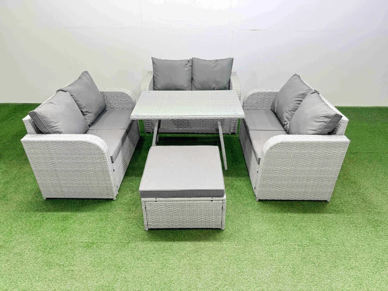 Image of Fimous 7-seater Patio Rectangular Table Love Sofa Set with Big Stool in Light Grey Light Grey Unisex