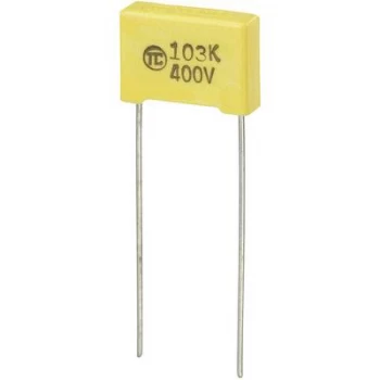 Image of MKS thin film capacitor Radial lead 0.01 uF 400 Vdc 5 10 mm L x W x H 13 x 4 x 9mm