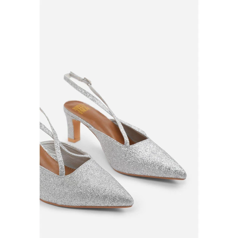 Image of Where's That From 'Raizel' Pointed Toe Low Block Heel With Cross Over Ankle Strap Metallic Silver