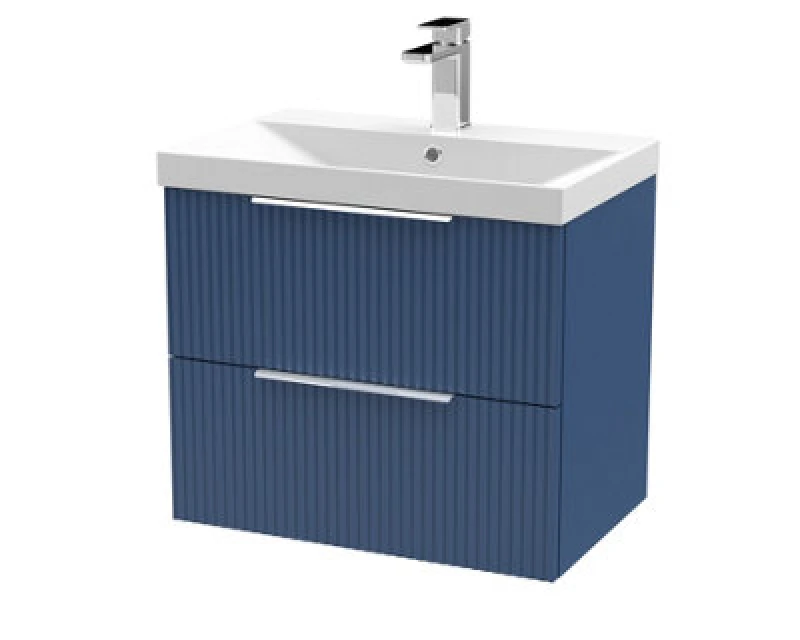 Image of HUDSON REED Hudson Reed - Fluted Satin Blue 600mm Wall Hung 2 Drawer Vanity Unit and Thin Edge Ceramic Basin - DFF393D DFF393D