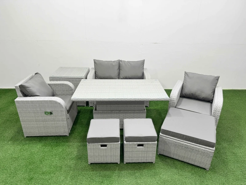 Image of Fimous Light Grey PE Wicker Rattan Garden Furniture Set Sofa Set Reclining Chair Adjustable Lifting Dining or Coffee Table 7 Seater 3 Stools Side Tab