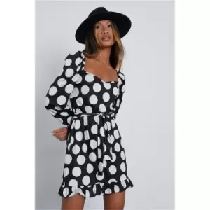 Image of I Saw It First Black Jersey Polka Dot Long Sleeve Tie Waist Tea Dress - Black